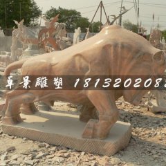 石雕牛，晚霞紅牛雕塑，晚霞紅石頭牛雕塑